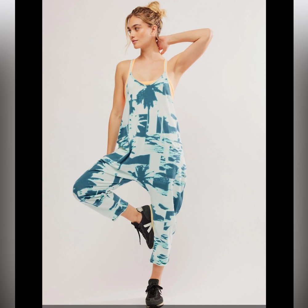FP Movement by Free People Teal & Cream Tie-Dye Jumpsuit